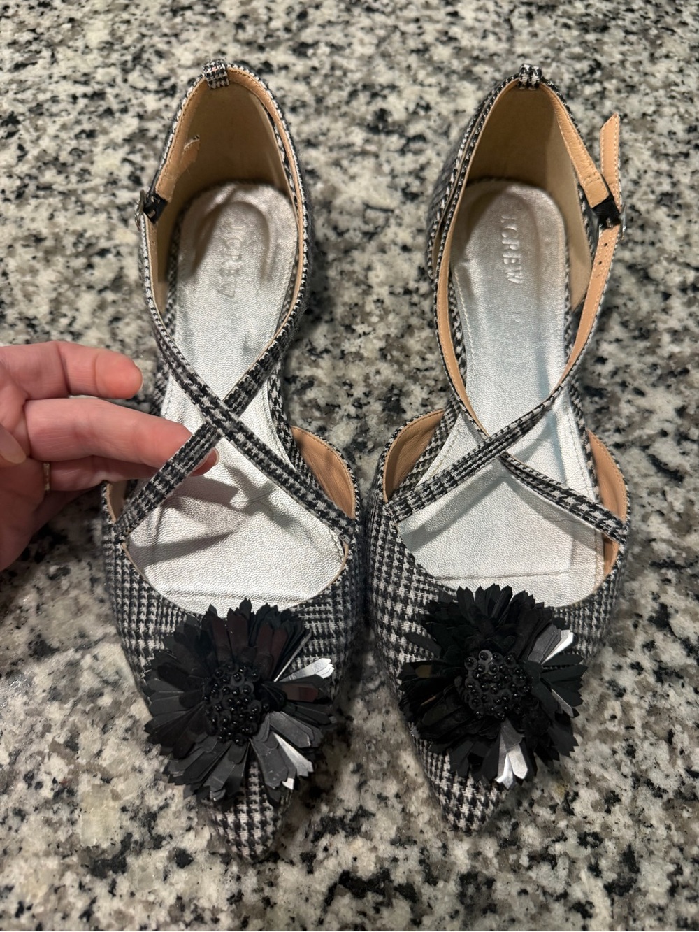 J. Crew Black & White Houndstooth Pointed Toe Slingback Flats with Floral Accent